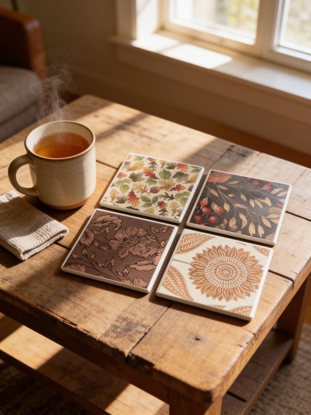 Handcrafted Fall Tile Coaster Set